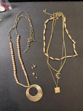 Gold-Tone Layered Necklace Set with Pink Bead Accents